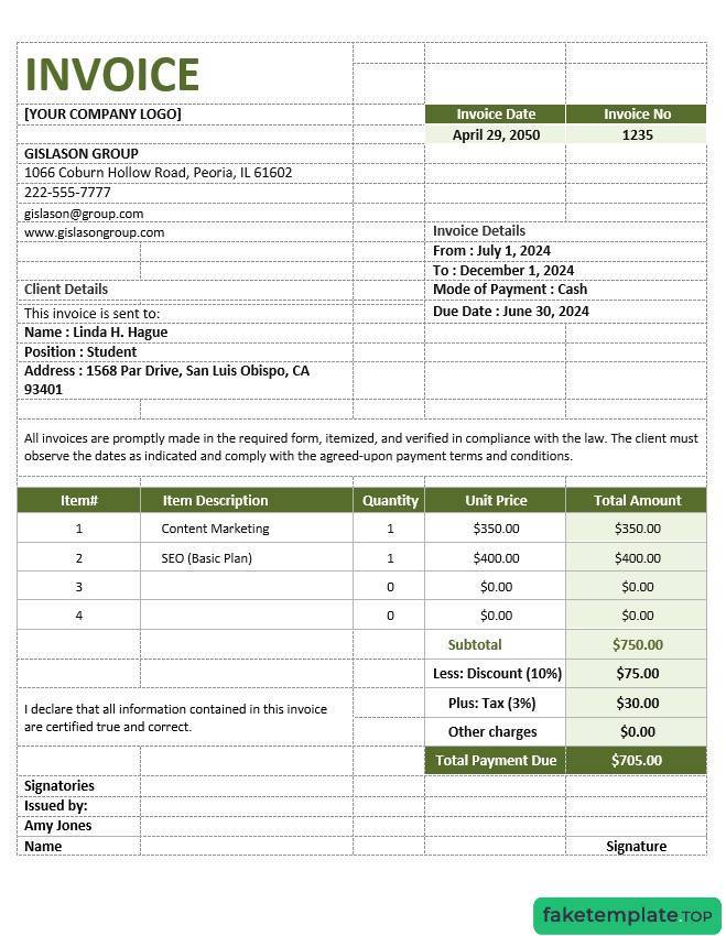 Feature of fake Simple Agency invoice example